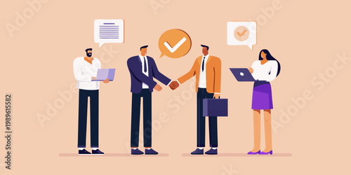 Business professionals finalizing a deal with a handshake and digital tools