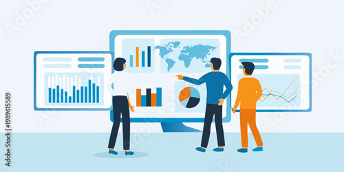 Team analyzing data visualizations on multiple computer screens