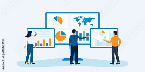 Team analyzing data visualizations on a large monitor discussing business results