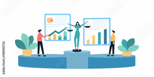 Lady justice balancing charts with people and plants in a flat design