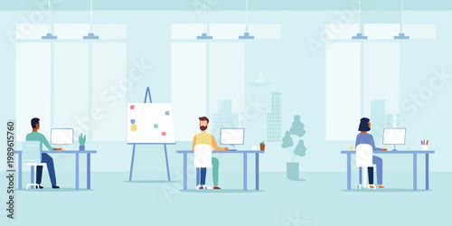 Modern open plan office space with healthcare professionals working at desks