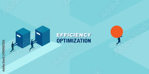 People carrying blocks and a sphere representing efficiency optimization