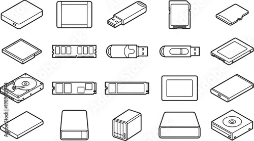A collection of various storage devices, including hard drives, solid-state drives, USB flash drives, and memory cards, is presented as an illustration, emphasizing their design and functions.