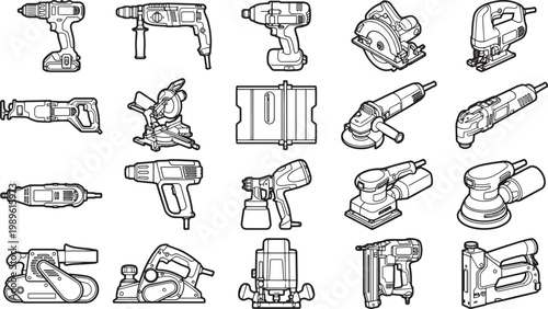 A collection of tools arranged for design and industrial illustration. 