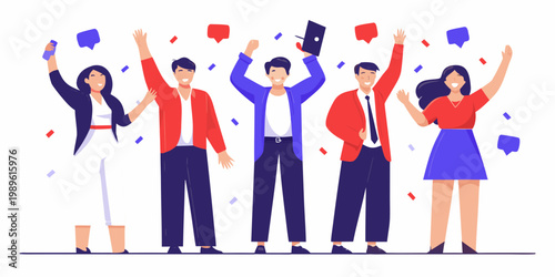 Celebrating success a diverse group of people cheerfully raise their hands