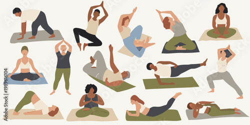 Diverse group of people practicing various yoga poses on mats