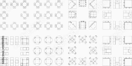 Overhead view of various furniture arrangements and floor plans