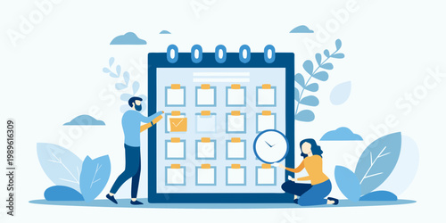 People planning and scheduling tasks on a large wall calendar