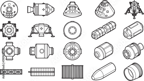 Illustrative monochrome elements showcasing different aspects of space exploration and technology, designed with minimalist lines.