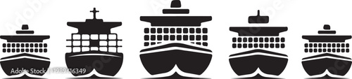 Varient types and size cargo container ships icon set, flat black travel ship vector icon