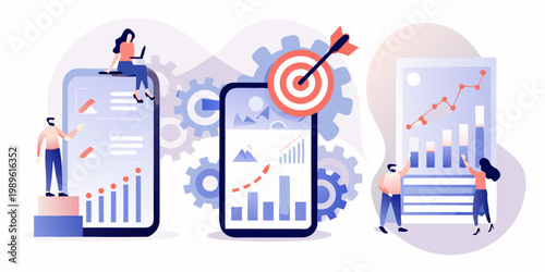 Digital marketing strategy people interacting with data and mobile devices