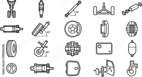 Detailed schematics showcasing a variety of aircraft landing gear components, highlighting the intricate engineering and design.