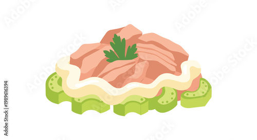 Minimalist flat vector illustration of a tuna salad featuring chunks of canned fish, creamy mayonnaise dressing, sliced green celery, and a fresh parsley garnish isolated on a white background.