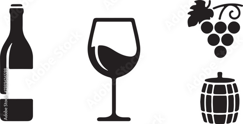 Wine drink icon set, flat black vector symbol