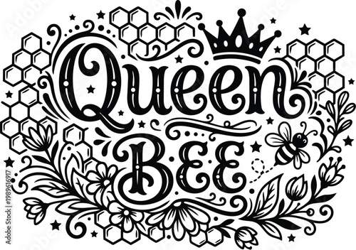 Queen bee line art with crown and honeycomb motifs in floral design