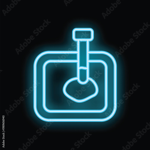 Glowing neon blue icon of toilet plunger in clogged toilet bowl on black brick wall background