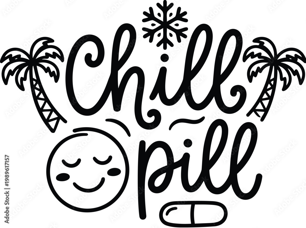 Fototapeta premium Vector art chill pill with palm trees snowflake and smiley moon line art