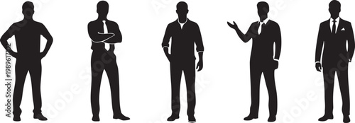 Silhouettes of five businessmen in suits posing in various formal stances