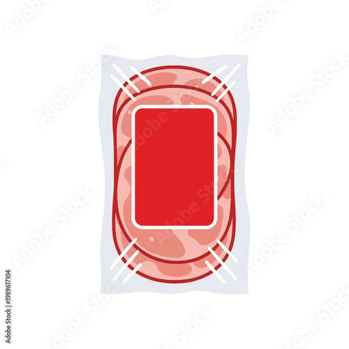 Flat vector illustration of vacuum sealed sliced ham or deli meat in plastic packaging with a blank red label isolated on a white background.