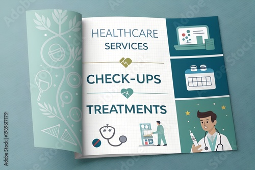 Modern Healthcare Brochure Design with Medical Services, Check-Ups and Treatments Illustration