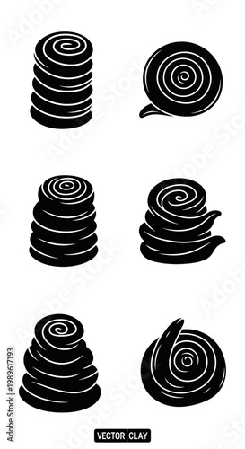 Rolled Clay Dough Stacks and Swirls, Black and White Vector Art