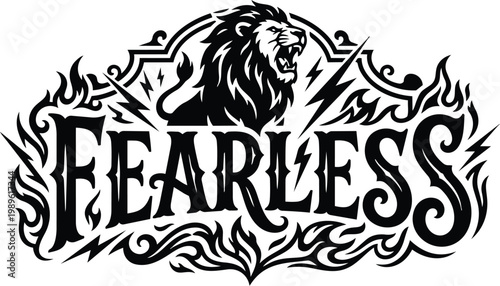 Bold vector logo with lion and flames around fearless text in black and white