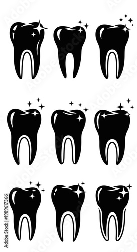 Set of nine sparkling clean white teeth icons, dental hygiene concept