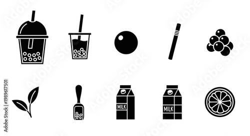 Bubble Tea Ingredients Icons: Tapioca Pearls, Tea Leaves, Milk, Fruit, and Straws