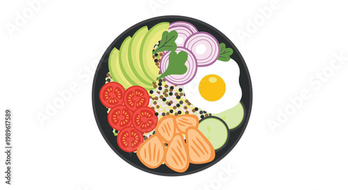 Healthy Poke Bowl Illustration featuring Quinoa Base, Grilled Salmon, Avocado Slices, Sunny Side Up Fried Egg, Cherry Tomatoes, Cucumber, and Red Onion Rings on White Background