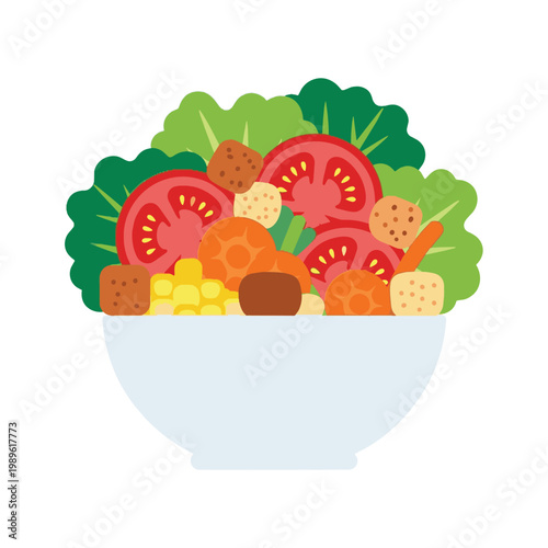 Vector Illustration of a Fresh Healthy Garden Salad in a White Bowl with Tomato Slices, Lettuce, Carrots, Corn, and Croutons Isolated on White Background