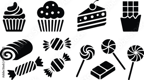 Black silhouette sweet dessert icons set including cupcakes chocolate candy lollipops bakery treats collection for food design packaging menu branding vector illustration