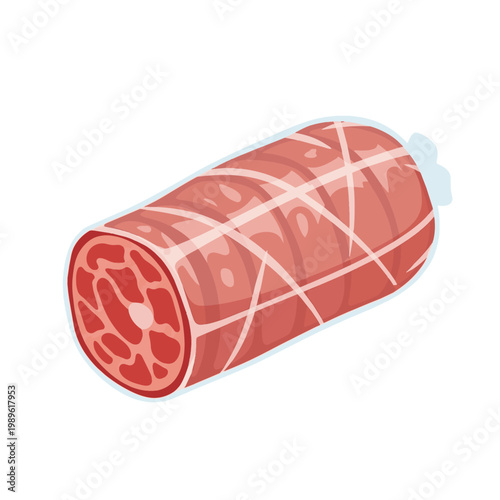 Stylized Vector Illustration of a Meat Salami Sausage Tied with White Twine and Packaged in Plastic Wrap Isolated on White Background