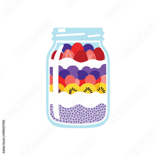 Flat vector illustration of a healthy breakfast mason jar layered with chia seeds pudding, creamy yogurt, fresh kiwi slices, strawberries and blueberries on a clean white background.