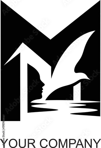Minimalist initial M logo design featuring a serene woman's profile, a graceful flying bird, and tranquil water, embodying freedom, vision, and a connection to nature
