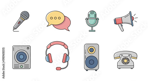 Communication devices and audio equipment icons.
