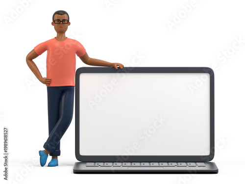 A man stands confidently next to a large laptop with a blank screen