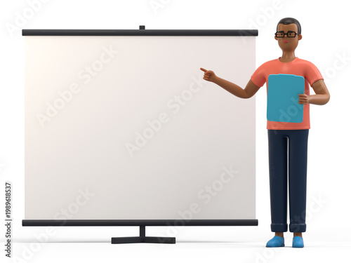 A man stands next to a blank whiteboard
