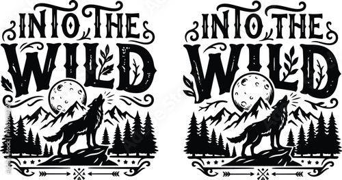 Vector line art wolves howling under moon over mountains with decorative wild landscape