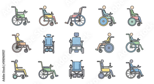 Collection of diverse wheelchairs and mobility aids for people with disabilities.