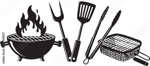 Black and white illustration of grilling tools and a portable grill