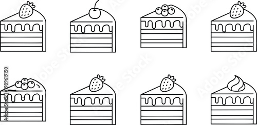 Collection of minimalist line icons featuring cake slices with various fruit toppings for bakery and dessert concept vector.