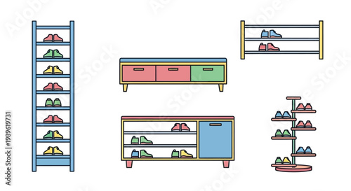 Colorful shoes on shelves and racks.