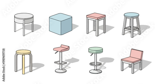 Collection of colorful stools and chair.