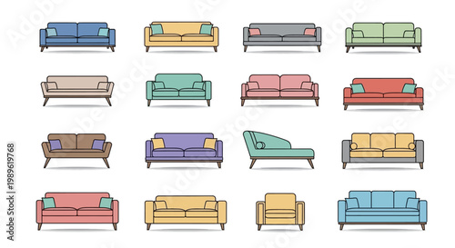 Collection of various colorful sofas.