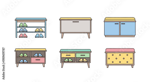 Collection of colorful kitchen furniture units.