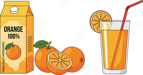 Orange Juice Carton Package with Fresh Oranges and Glass with Straw Refreshing Drink Flat Vector Illustration Set