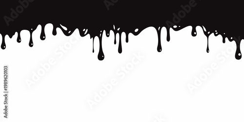 Black liquid drips and flows over a stark white background