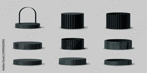 Black cylindrical containers and caps displayed in a grid arrangement