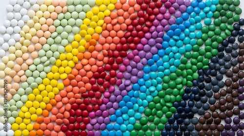 Colorful candy pieces arranged in a smooth gradient pattern from light to dark tones, creating a bright and playful visual background.	