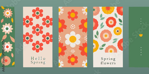 Colorful floral bookmark designs with retro patterns and spring greetings